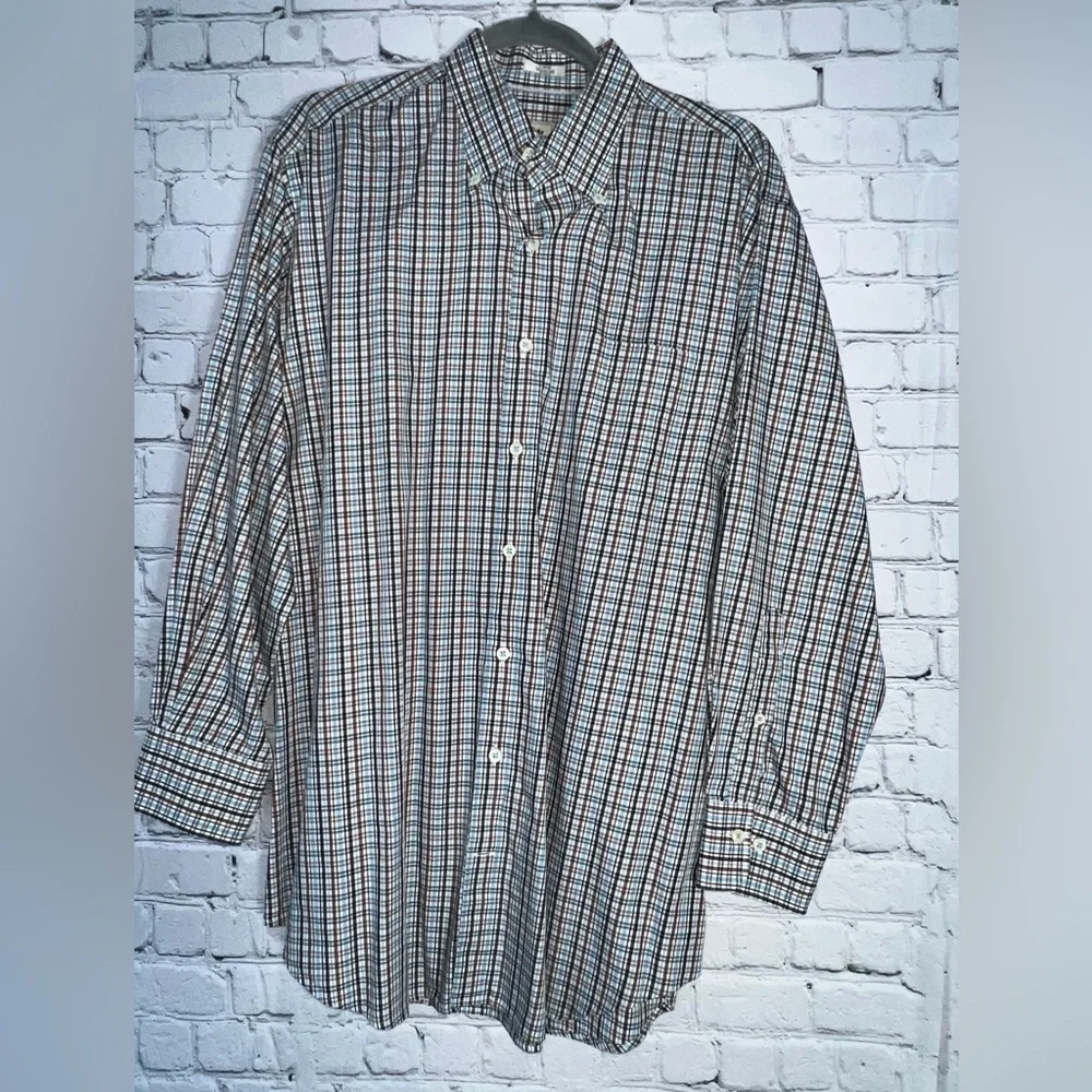 Peter Millar‎ 100% Cotton Brown Blue Plaid Long Sleeve Button Down Shirt Large